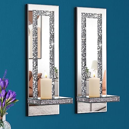 Aeveco Crystal Crush Diamond Wall Candle Sconces - Set of Aeveco Crystal Crush Diamond Mirrored Candle Sconces, Silver Wall Candle Holder Set of 2, Wall Decorations for Living Room,Dining Room (Rectangle Stripe (Style 4))