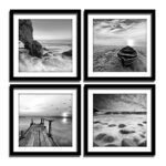 ENGLANT-4 Panels Set Framed Canvas Print for Seascape Beach and Boat Sunrise Scenery Black and White Giclee Canvas Print Wall Art Ready to Hang