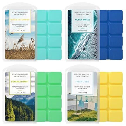 STRN Scented Wax Melts Wax Cubes Long Lasting Strong Scent, Soy Wax Cubes for Warmer Jelly Wax Melts Set, Ocean Breeze, Fresh Linen, Bohemia Forest, Summer Wind (4 x 2.5oz)