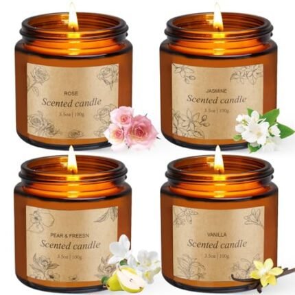 4 Packs Candles for Home Scented, Scented Candles Gifts for Women, Natural Soy Wax Amber Jar Candle, Long Lasting Aromatherapy Candle Gift Set for Birthday Valentine's Day Mother's Day
