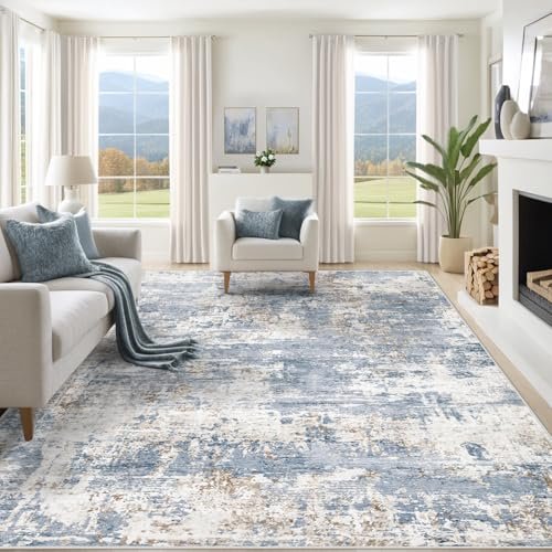 8x10 Washable Abstract Area Rug - Soft, Non-Slip, Stain-Resistant for 8x10 Area Rugs for Living Room, Washable Modern Abstract Large Area Rug Neutral Soft Non Slip Kids Rug Stain Resistant Indoor Carpet for Bedroom Nursery Dining Room Playroom Home Office(Blue, 8'x10')