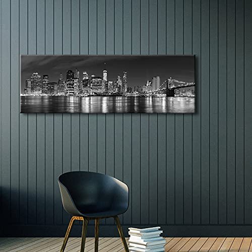 51zfOVt0THS._SL500_.jpg Wieco Art Manhattan Night View Black and White Giclée Canvas Print - Modern Framed Cityscape Wall Art for Bedroom Decor. - Image 3