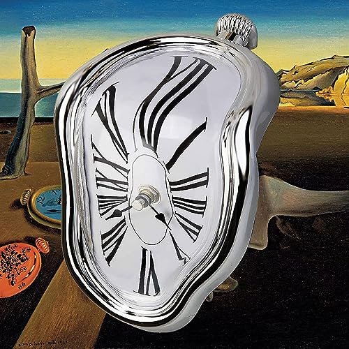 FAREVER Melting Clock: Salvador Dali-Inspired Desk Decor, Unique Gift for FAREVER Melting Clock, Salvador Dali Watch Melted Clock for Decorative Home Office Shelf Desk Table Funny Creative Gift, Rome Silver