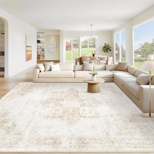 8x10 Vintage Boho Medallion Washable Area Rug, Soft Non-Slip Distressed Area Rug 8x10 Washable Rug, Vintage Boho Medallion Rugs Non-Slip Soft Low Pile Large Distressed Rug Indoor Retro Carpet for Living Room Bedroom Dining Room Home Office (Beige, 8'x10')