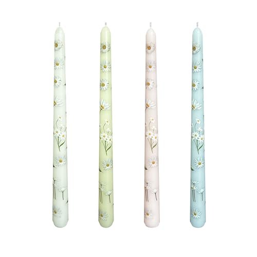 4-Pack Unscented Taper Candles - Dripless & Smokeless, 10" Hand-Poured, 4-Pack Printed Taper Candles Unscented - Dripless & Smokeless 7-Hour Burn - 10" Hand-Poured Candles with Daisy Design for Dining, Weddings (White/Pastel Yellow/Pink/Blue)
