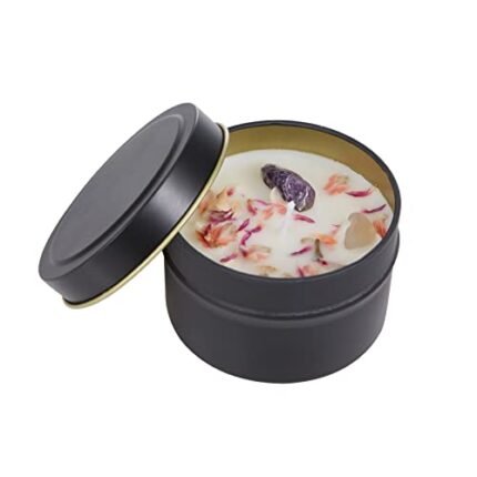 Relaxing Romantic Tin Candle with Crystal, Petals and Essential Oils of sage, Lavender, Oud