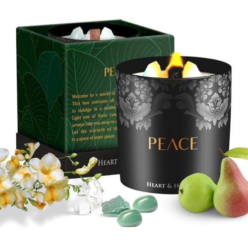 Heart & Homage Natural Scented Meditation Candle with Healing Crystals Heart & Homage Natural Scented Meditation Candle with Healing Crystals - Luxurious Wood Wick Crystal Candle with Premium Gift Packaging, 8.11 oz (English Pear & Freesia)