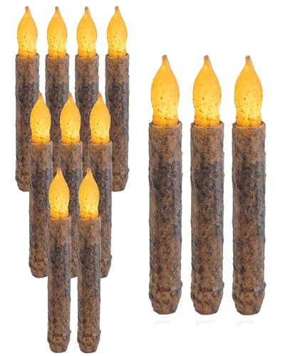 ONEIHOMM 12 Pcs 6.5'' Real Wax Primitive Candles with Timer Battery Operated Hand Dipped Rustic Flameless Taper Candles for Halloween Country Home Decor