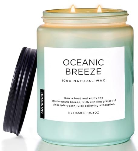 M&SENSE Oceanic Breeze Candle - 19.4oz, 110-hour burn, 2-wick natural M&SENSE Candle Oceanic Breeze Scented, 19.4oz 110 Hour Long Lasting 2 Wick Pineapple & Mango Scent Natural Soy Candles for Home Scented for Stress Relief & Women/Men