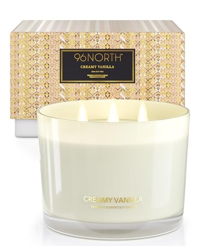 96NORTH Creamy Vanilla Scented Candles | Large 3 Wick Jar Candle | Up to 40 Hours Burning Time | 100% Natural Soy Wax | Relaxing Scented Candle for Home | Gift-Ready Luxury Candle for Men & Women