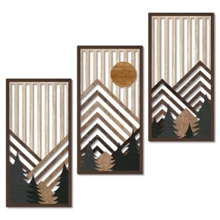Putuo Decor Boho Mountain Wall Art Set of 3, Rustic Wooden Wall Decor, Nature-Inspired Geometric Artwork, Mid-Century Modern Aesthetic for Living Room, Bedroom, Office Brown 16.5 x 8.6 inch