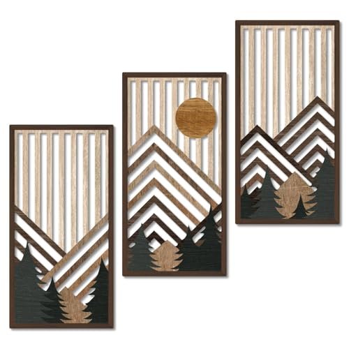 Putuo Decor Boho Mountain Wall Art Set of 3 - Putuo Decor Boho Mountain Wall Art Set of 3, Rustic Wooden Wall Decor, Nature-Inspired Geometric Artwork, Mid-Century Modern Aesthetic for Living Room, Bedroom, Office Brown 16.5 x 8.6 inch