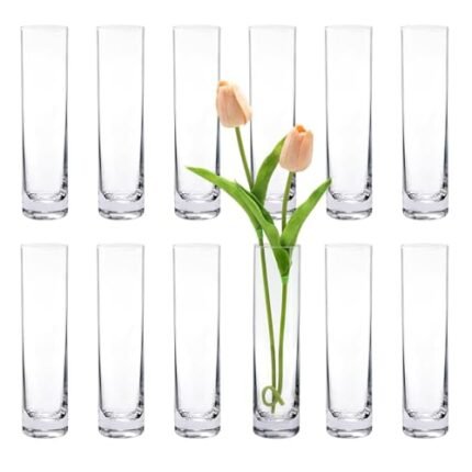 Glass Cylinder Bud Vases for Centerpieces, Set of 12 Clear Small vases,Handmade Slim Flower Vases Wedding Table Decor for Single Rose vases Bulk, Home Aesthetic Desk Decor, Party Decorations,7.5"
