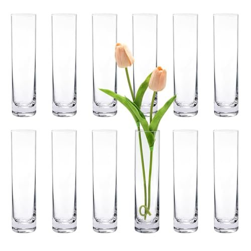 Set of 12 Handmade Glass Cylinder Bud Vases for Weddings, Glass Cylinder Bud Vases for Centerpieces, Set of 12 Clear Small vases,Handmade Slim Flower Vases Wedding Table Decor for Single Rose vases Bulk, Home Aesthetic Desk Decor, Party Decorations,7.5"