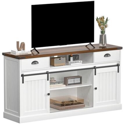 AntsandAnts Coastal Style TV Stand for 65 inch TV, Mid Century Wood Entertainment Center with Storage Cabinets, Tall Farmhouse TV Console Table for Living Room Bedroom, White