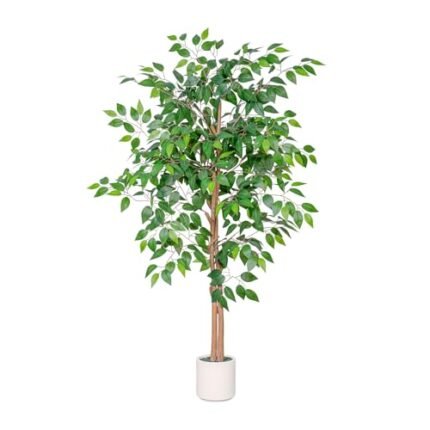 VIVATREES 5FT Artificial Ficus Tree with White Planter, Realistic Faux Silk Indoor Outdoor Plant for Home Office Living Room, Porch, Garden Decor