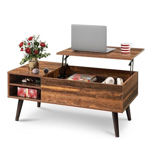 WLIVE Lift Top Coffee Table: Stylish Mid-Century Modern Design with WLIVE Lift Top Coffee Table for Living Room,Small Coffee Table with Storage, Adjustable Shelf and Storage Compartment, Mid Century Modern Living Room Table, Wood, Rustic Brown