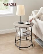 VASAGLE 2-Tier Round Side Table - Steel Frame Nightstand for Small Spaces, Heather Greige & Black - Image 2