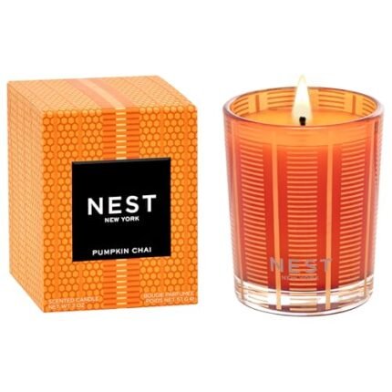 NEST New York Scented Votive Candle, Pumpkin Chai - 2 oz - Up to 28-Hour Burn Time - Reusable Glass Vessel