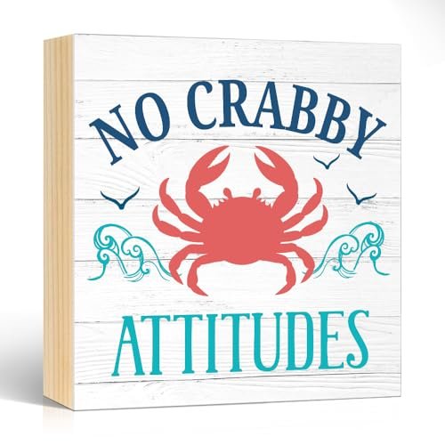 Coastal Wooden Box Sign - Beach House Decor for Bathroom, Pishovi Beach Style Wooden Box Sign, Coastal - Themed Desk Decor for Beach House Bathroom Living Room Bedroom, Housewarming Retirement Gifts for Coastal Lover Women Men Coworker Boss (Crab)