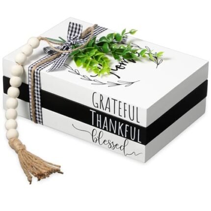 Capoda 3 Pcs Decorative Books for Home Decor Farmhouse Faux Stacked Books Wooden Rustic Table Decor with Bead Garland Twine Ribbon Faux Leaf for Table(Classic)