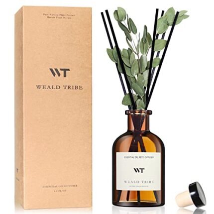 WEALD TRIBE Reed Diffuser Set for Bathroom Air Fresheners, Oil Diffuser Sticks with Flower | Eucalyptus & Mint Scent 4.0 fl oz Home Fragrance with Sticks Defusers | House Bedroom Office Shelf Decor