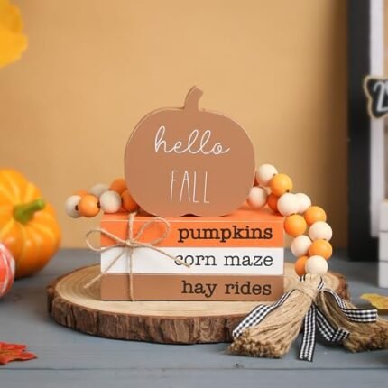 Fall Pumpkin Tiered Tray Decor, Wood Book Stack, Thanksgiving Decorations for Home, Hello Fall Decor Wooden Block Signs for Autumn,Table Decor, Farmhouse for Living Room Kitchen