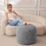 HIGOGOGO Round Stripe Faux Fur Pouf Ottoman with Foam Filling, 20x15 Grey Storage Foot Stool for Living Room. - Image 2