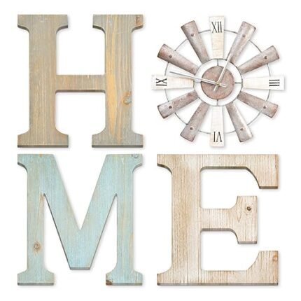 ZAZIWZ Farmhouse Home Signs with Windmill Clock Wall Decor Rustic Home Letters Wall Art for Living Room Kitchen Entryway Dining Room Bedroom (mix color)