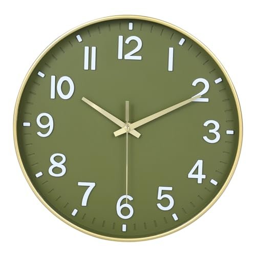 HZDHCLH Battery Operated Wall Clock - Green and Gold, 8-Inch HZDHCLH Wall Clocks Battery Operated,Wall Clock Green Gold,8 inch Wall Clock Silent Non Ticking Modern 3D Numbers for Kitchen Bedroom Living Room Office Classroom Decor