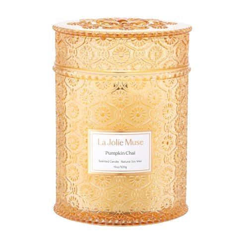 LA JOLIE MUSE Pumpkin Candle – 19 oz Natural Soy LA JOLIE MUSE Pumpkin Candle, Fall Candles for Home Scented, 19 oz Large Wood Wicked Candles, Natural Soy Candle Gifts for Men&Women, 90 Hours Long Burning, Pumpkin Chai