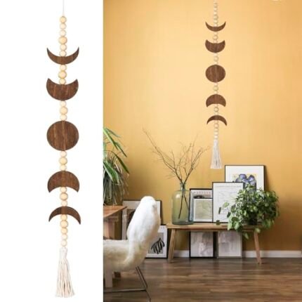 Ausicfen Moon Phase Wall Hanging Wood Beaded with Tassel,Phases of The Moon,Boho Home Decor for Living Room Bedroom Office(Brown)