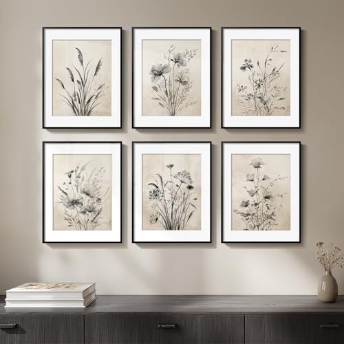 Framed Boho Vintage Botanical Wall Art Set of 6, Black Framed Boho Vintage Botanical Wall Art, Set of 6 Black and White Floral Canvas Painting Prints with Mat for Farmhouse Living Room, Neutral Rustic Flower Artwork for Kitchen Bedroom Home Decor, 11x14