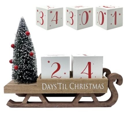 HOMirable Christmas Countdown Blocks Santa Sleigh Advent Calendar 99 Days Christmas Tree Decorations Wooden Farmhouse Rustic Sign Xmas Party Holiday Décor for Home Living Room, Mantel, Tiered Tray