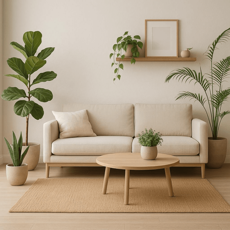 What are some ways to incorporate a minimalist style with plants in my living room decor?