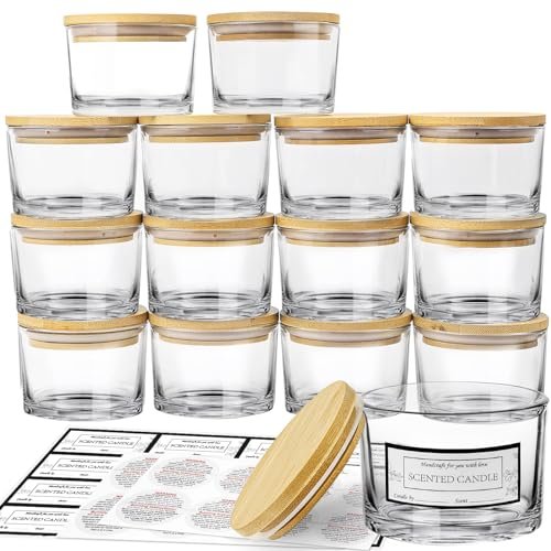 CONNOO 15-Pack 4 OZ Clear Glass Candle Jars with Bamboo CONNOO 15 Pack 4 OZ Clear Glass Candle Jars with Airtight Bamboo Lids for Making Candles, Bulk Small Wide Mouth Empty Candle Containers with Sticky Warning Labels - Dishwasher Safe