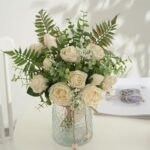 White Silk Roses in Vase - Faux Eucalyptus Flower Arrangement for Home or Office Decor - Image 7