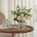 White Silk Roses in Vase - Faux Eucalyptus Flower Arrangement for Home or Office Decor - Image 5