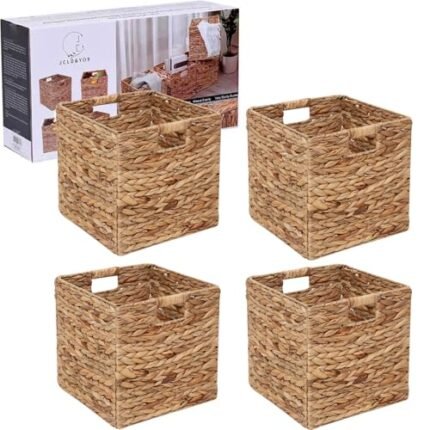 12x12in Storage Baskets Set of 4 Water Hyacinth Baskets,Foldable Handwoven Storage Cubes,Wicker Cube Baskets Laundry Organizer Totes for Home
