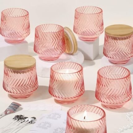 LAMORGIFT 8 Pcs 7 OZ Pink Candle Jars for Making Candles, Ribbed Unique Candle Jars, Glass Jars with Bamboo Lids and Labels for Candle Making Supplies, Container, Pink Table Decor