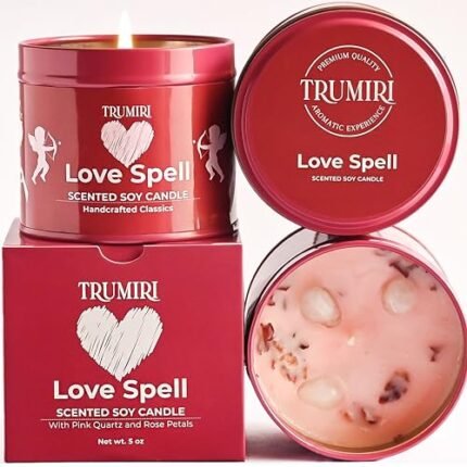 Love Spell - Scented Candles for Women & Men with Rose Petals and Crystals - 5oz Soy Clean Organic Non Toxic - Velas Aromáticas - Aromatherapy Spa Valentines Gift Home Décor Aesthetic Candel