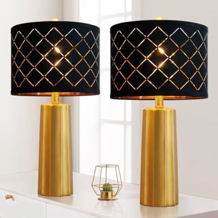 RORIANO Set of 2 Modern Table Lamps for Living Room Bedroom, Gold Nightstand Resin Lamps with Black Grid Shade, Contemporary Desk Lamps for Bedside End Tables, 2 Bulbs Included (Gold)