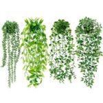 Palonu Artificial Hanging Plants for Shelf, 4 Pack Fake Potted Greenery Faux Eucalyptus Vine, Mandala Vine, String of Pearls,Pea pod Leaves in Pot for Office Living Room Bathroom Indoor Outdoor Décor
