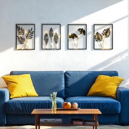 QXSXKJ Black Metal Wall Decor Framed, 3d Modern Metal Wall Art with Light, Minimalist Abstract Black Line Art DéCor, 4 Piece Home Art for Living Room Bedroom Bathroom