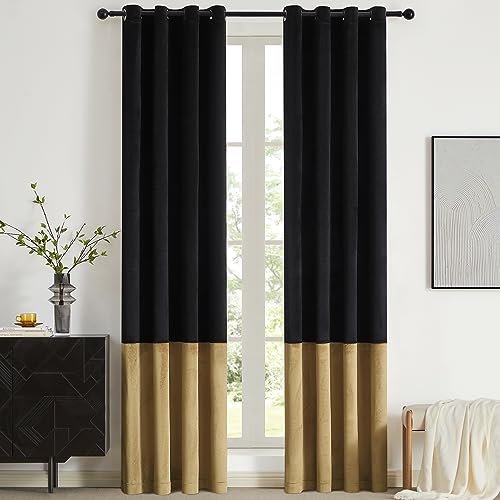 BULBUL Black Gold Color Block Velvet Curtains, 84" Long, Farmhouse BULBUL Black Gold Color Block Window Curtains Panels 84 inches Long Velvet Farmhouse Drapes for Bedroom Living Room Darkening Treatment with Grommet Set of Black Gold