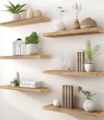 PHPH Wood Floating Shelves for Wall, Wooden Wall Shelves for Bedroom, Set of 6 Light Brown 17 Inch