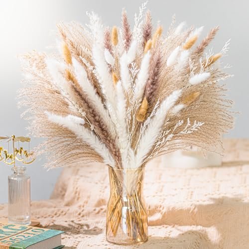 Natural Pampas Grass Bouquet | 8-Variety Dried Boho Flowers for Natural Pampas Grass 8kind Grass Mix Bouquet | Dried Pampas Bouquet for Wedding Boho Flowers Home Table Decor Desk Decor, Rustic Farmhouse Decor (93PCS)