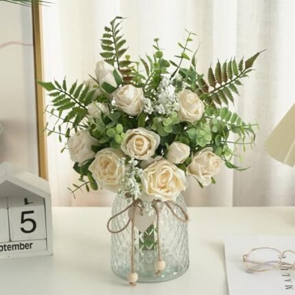 Artificial Flowers with Vase, White Silk Roses Fake Flower Arrangement with Eucalyptus, Faux Plant Vase for Home Office Dining Table Centerpiece Coffee Table Decor Farmhouse Decoration (White)