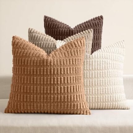 MIULEE Pack of 4 Neutral Corduroy Decorative Throw Pillow Covers 18x18 Inch for Sofa Living Room Couch Bed Rustic Farmhouse Boho Soft Striped Pillow Covers Home Decor Brown