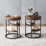Tribesigns Round End Table Set of 2, 3-Tier Side Table with Storage, Rustic Industrial Nightstand for Small Spaces, Wood Metal Accent Table for Living Room, Bedroom, Sofa, Bedside, Rustic Brown